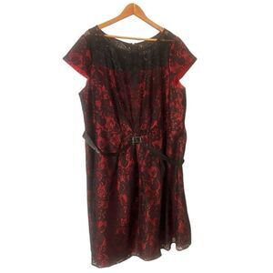 Dana Kay Women's 22W Lace Overlay Midi Dress Black Red Satin Ribbon Belt Evening